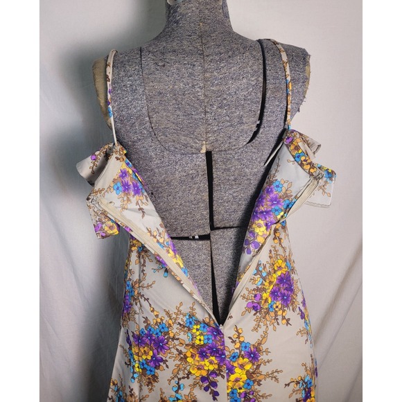 Vintage 60s 70s Handmade Maxi Dress Beige Floral Ruffles Purple‎ Yellow S - Picture 6 of 13
